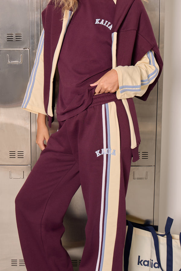 Kaiia Sport Side Stripe Wide Leg Joggers Deep Plum & Lemon