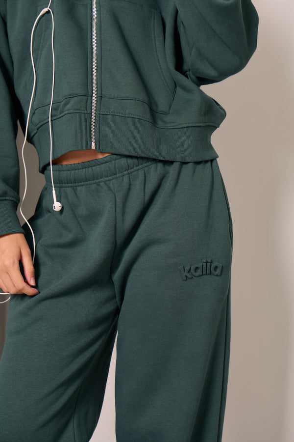 Kaiia Embossed Logo Wide Leg Joggers Forest Green