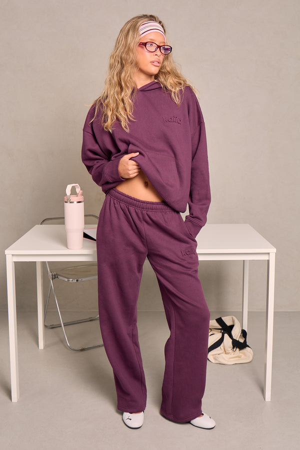 Kaiia Embossed Logo Wide Leg Joggers Deep Plum