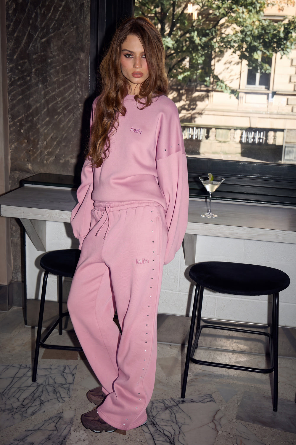 Kaiia Stud Detail Wide Leg Joggers Mid Pink