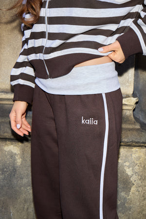 Kaiia Foldover Wide Leg Joggers Light Grey Marl & Chocolate