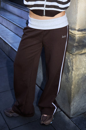 Kaiia Foldover Wide Leg Joggers Light Grey Marl & Chocolate