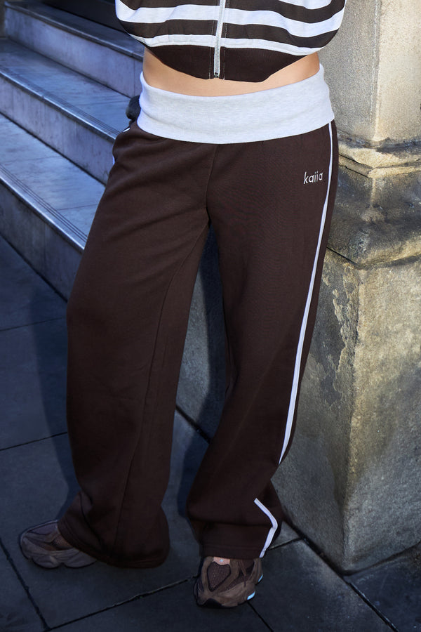 Kaiia Foldover Wide Leg Joggers Light Grey Marl & Chocolate