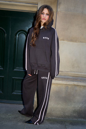 Kaiia Slogan Side Stripe Wide Leg Joggers Dark Chocolate & Pink Chai