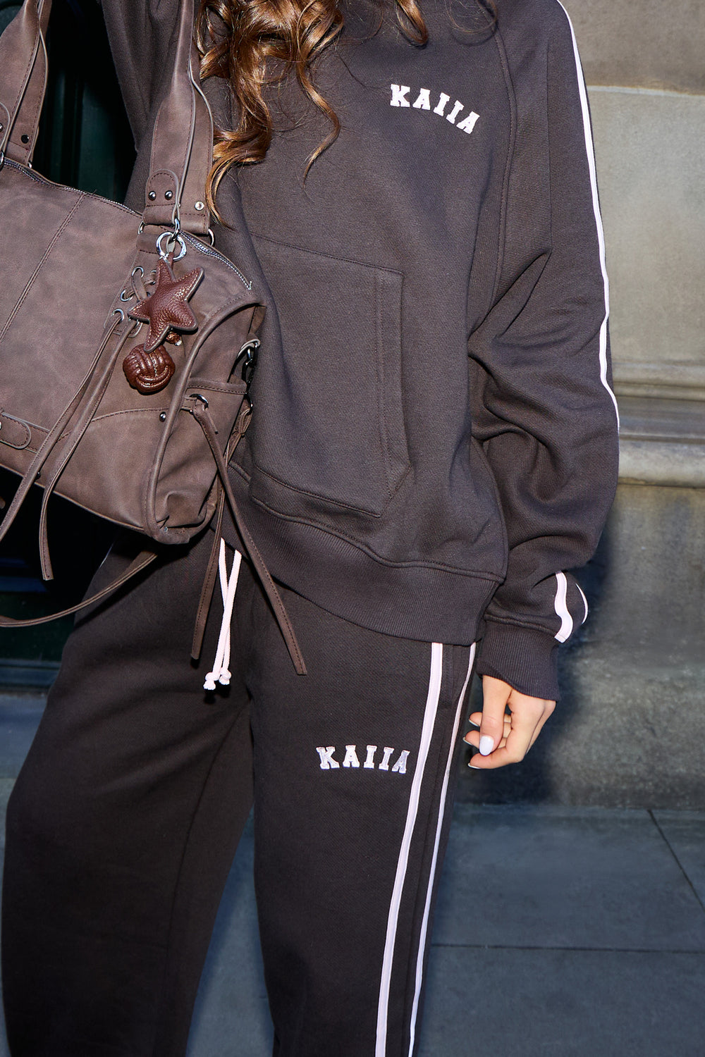 Kaiia Slogan Side Stripe Wide Leg Joggers Dark Chocolate & Pink Chai