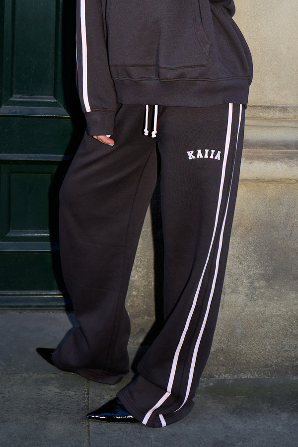 Kaiia Slogan Side Stripe Wide Leg Joggers Dark Chocolate & Pink Chai