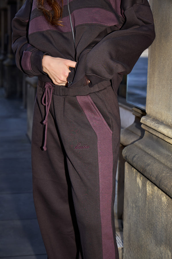 Kaiia Vintage Stripe Wide Leg Joggers Bitter Chocolate & Mauve