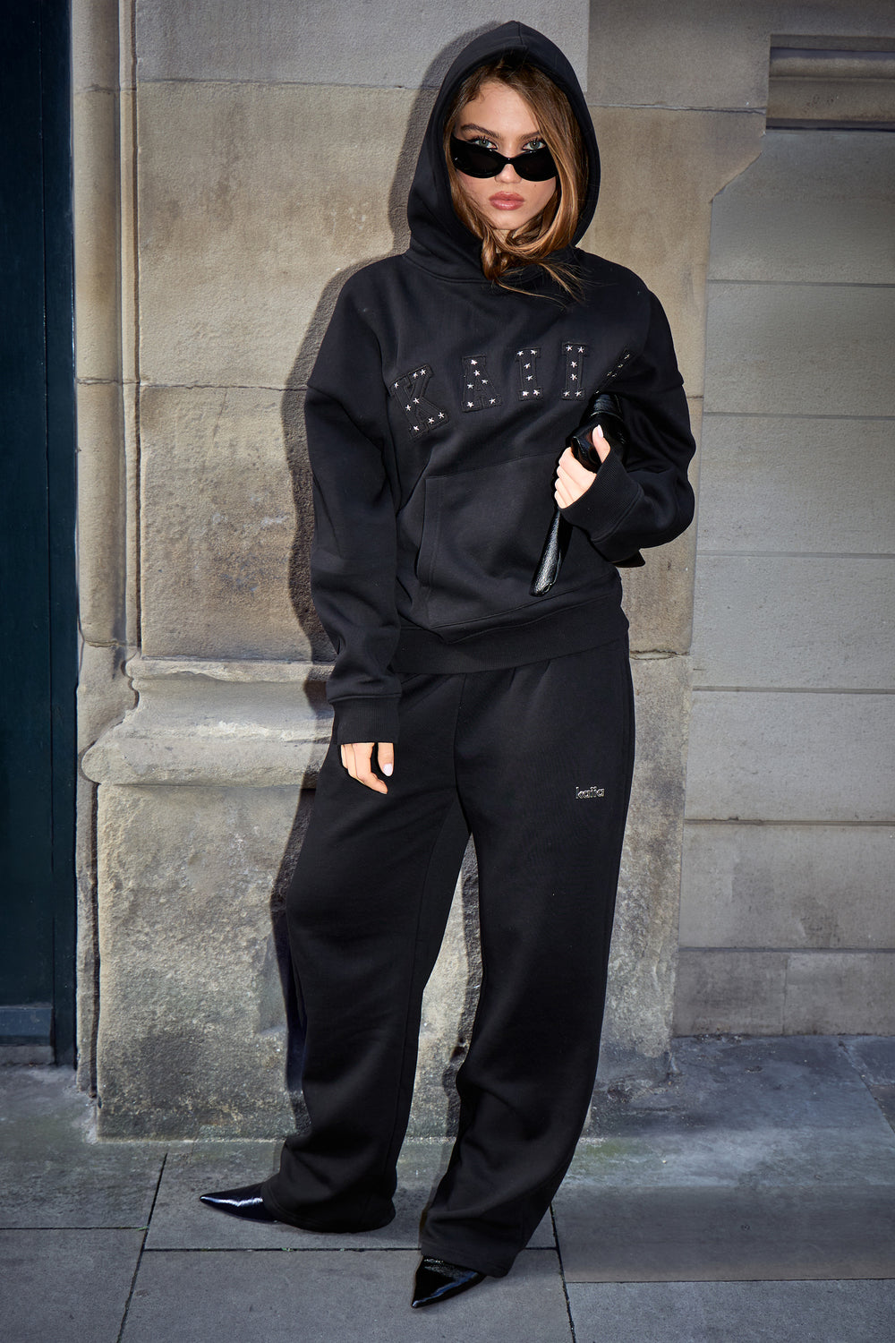 Kaiia Chrome Logo Wide Leg Joggers Black