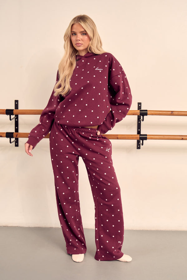 Kaiia Polka Dot Wide Leg Joggers Dark Cherry & Pink