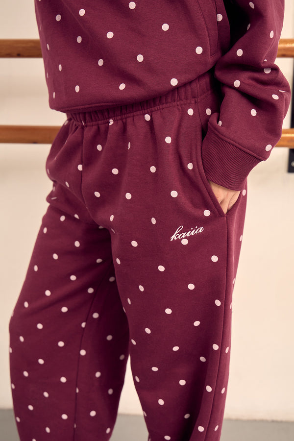 Kaiia Polka Dot Wide Leg Joggers Dark Cherry & Pink