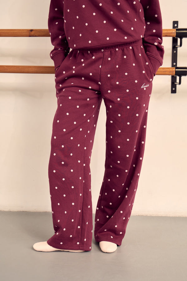 Kaiia Polka Dot Wide Leg Joggers Dark Cherry & Pink