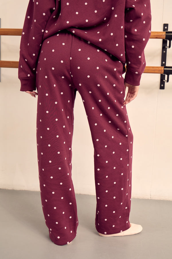 Kaiia Polka Dot Wide Leg Joggers Dark Cherry & Pink