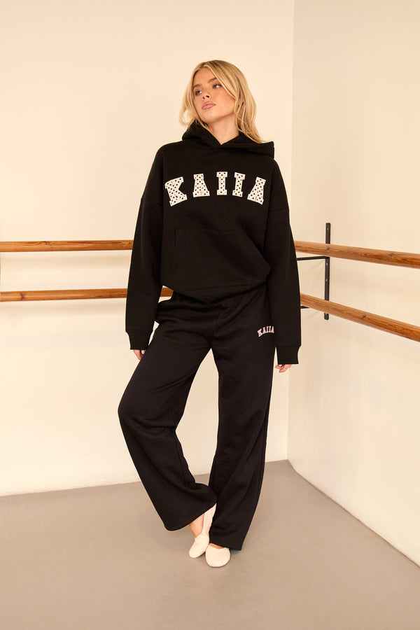 Kaiia Polka Dot Detail Wide Leg Joggers Black & Baby Pink
