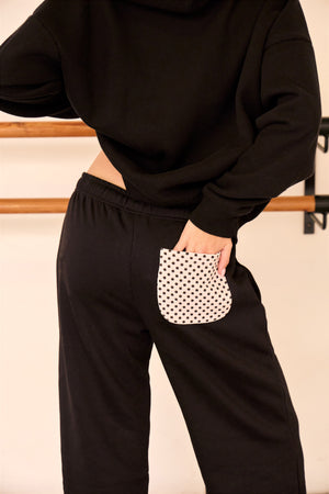 Kaiia Polka Dot Detail Wide Leg Joggers Black & Baby Pink
