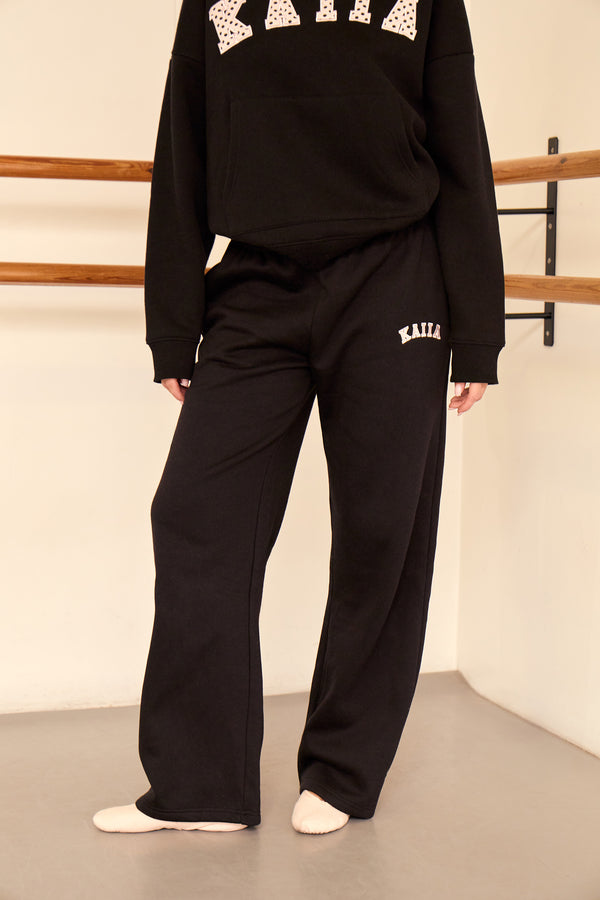 Kaiia Polka Dot Detail Wide Leg Joggers Black & Baby Pink