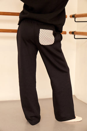 Kaiia Polka Dot Detail Wide Leg Joggers Black & Baby Pink
