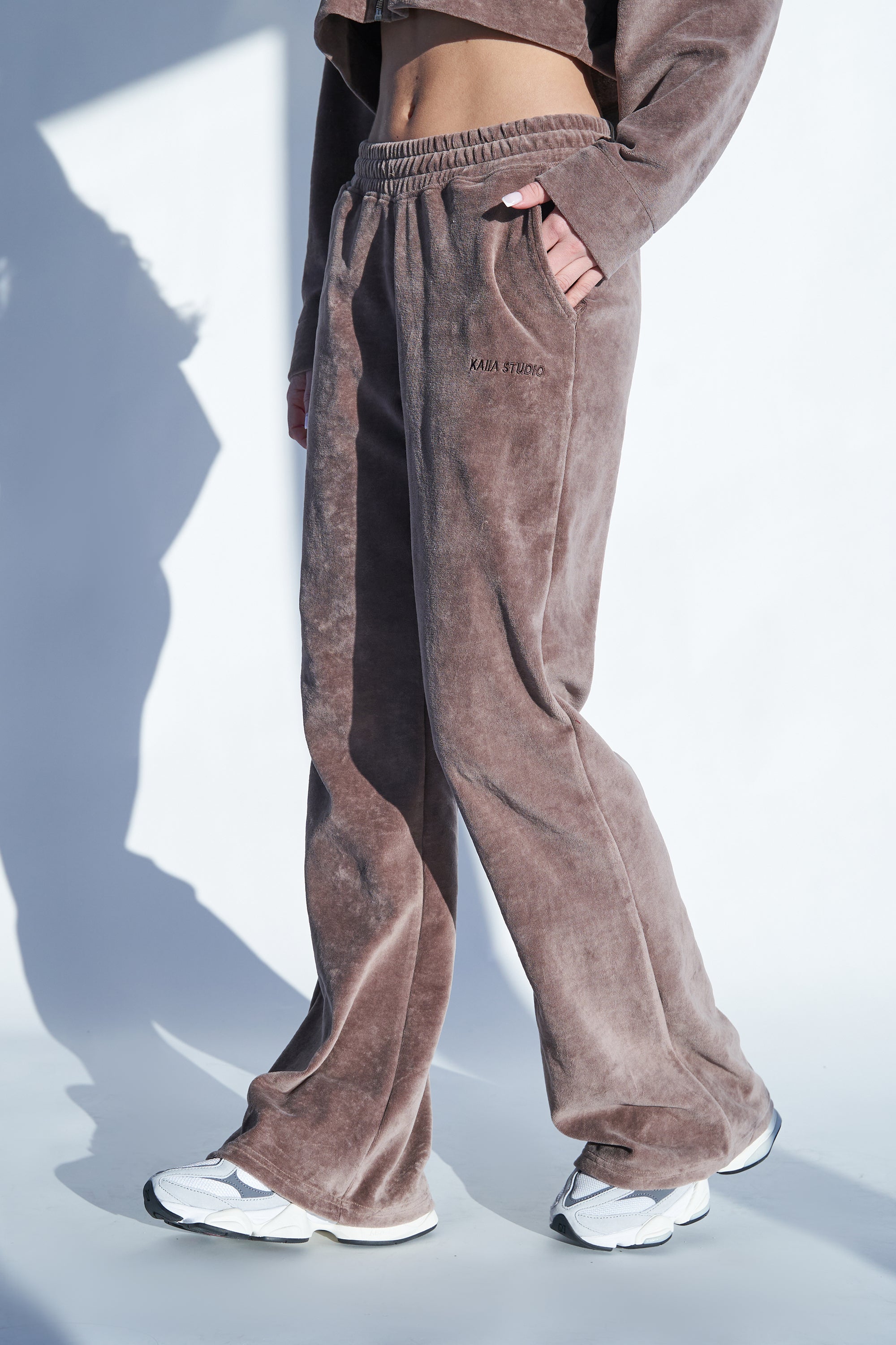 Kaiia Studio Logo Velour Wide Leg Joggers Taupe