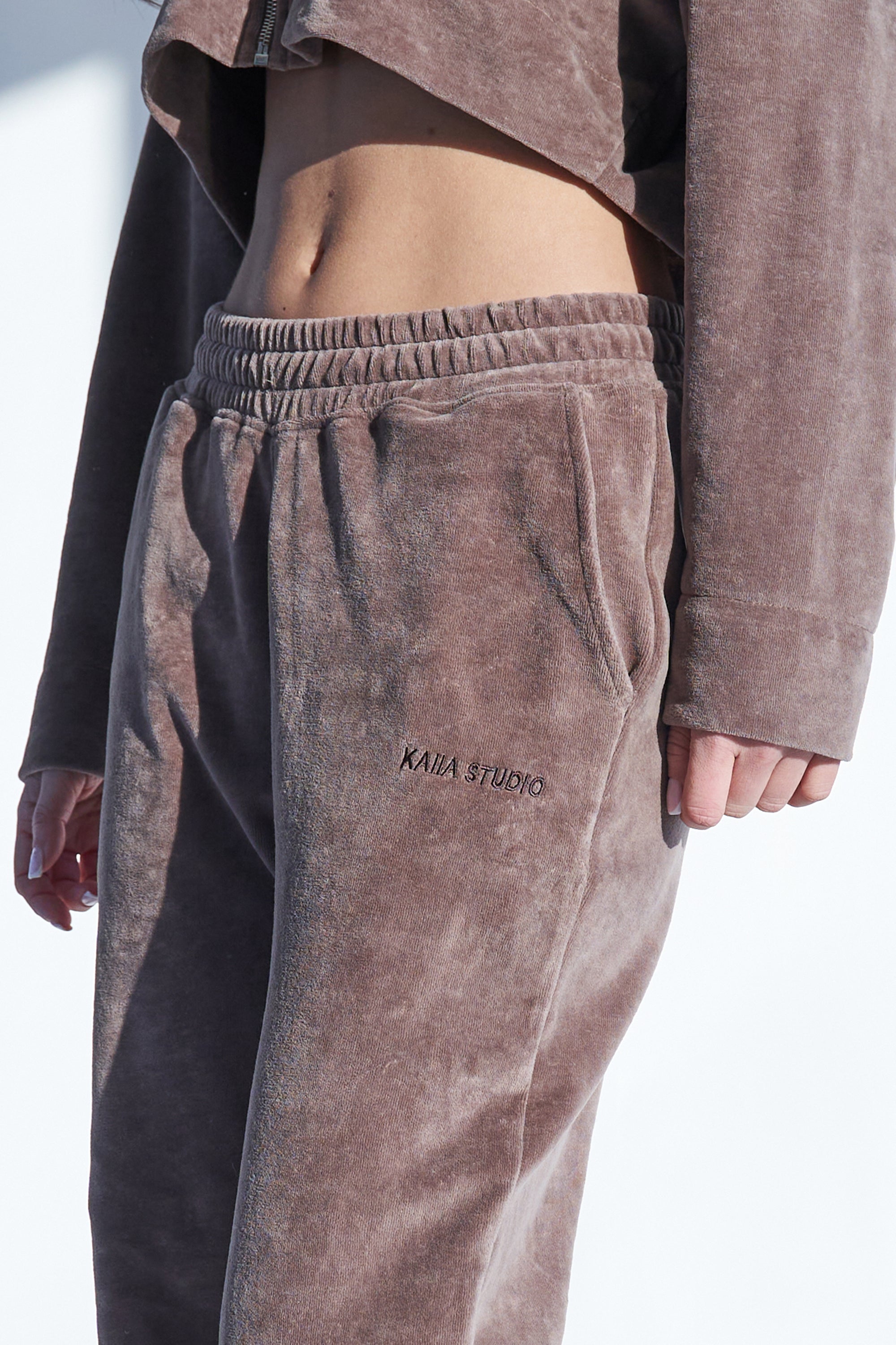 Kaiia Studio Logo Velour Wide Leg Joggers Taupe