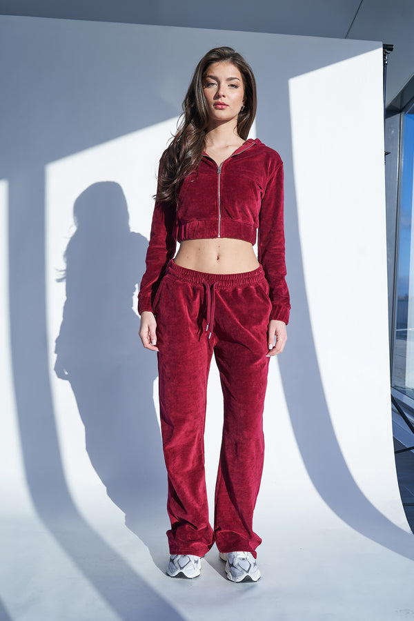 Velour Flared Joggers Cherry Red