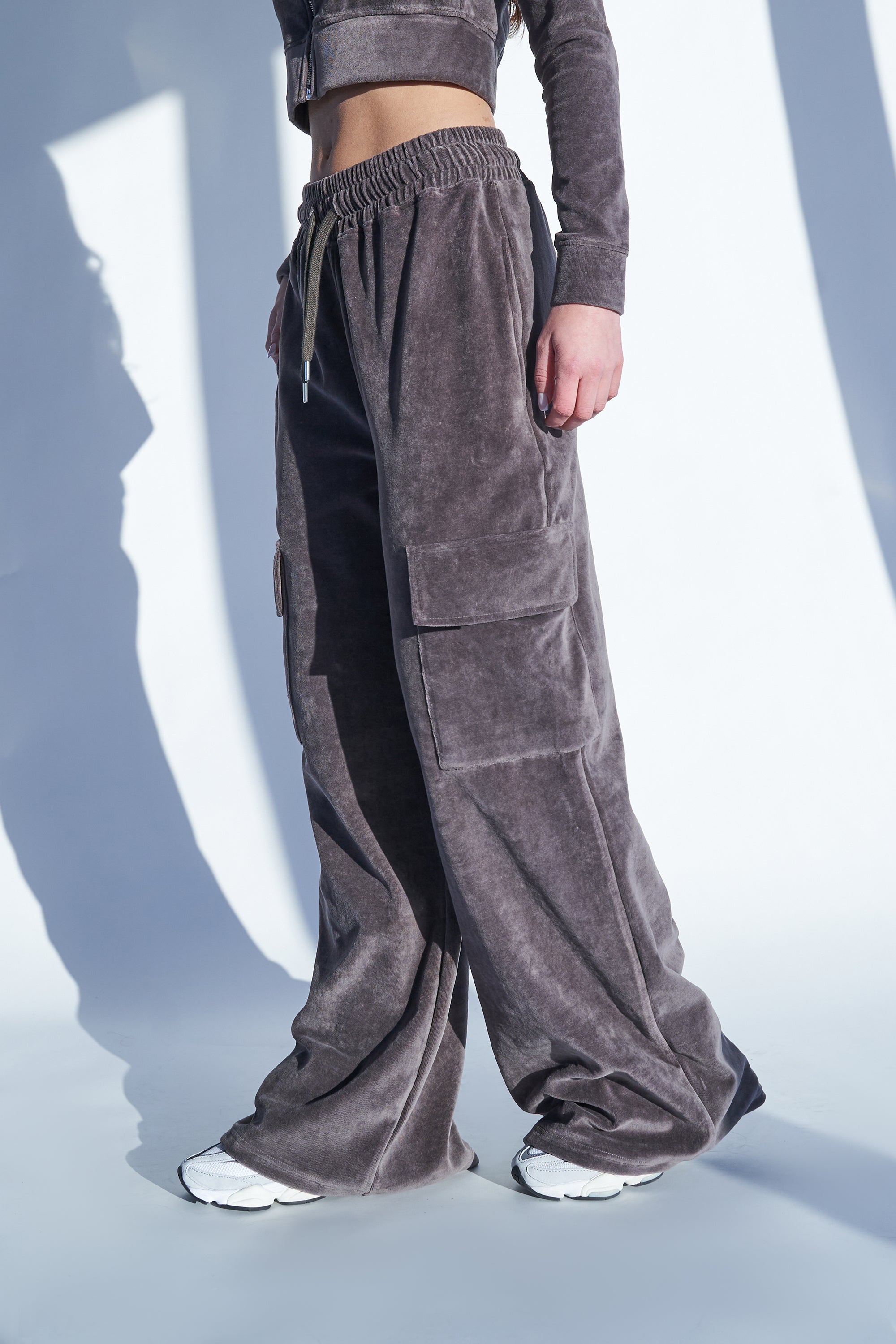 Kaiia Studio Velour Cargo Pocket Wide Leg Joggers Dark Grey Kaiia