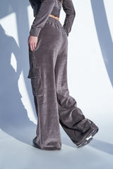 Kaiia Studio Velour Cargo Pocket Wide Leg Joggers Dark Grey