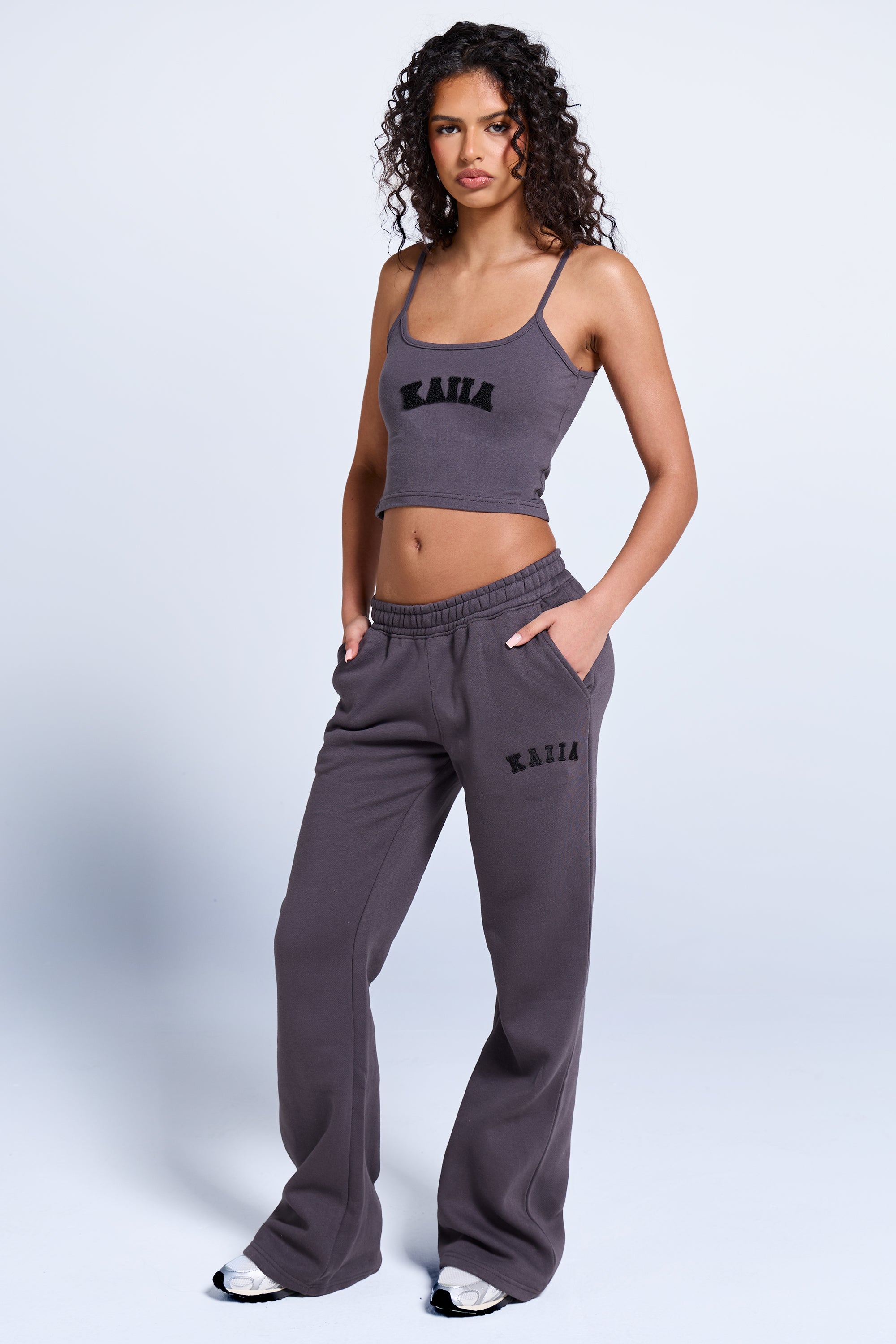 Kaiia Logo Wide Leg Sweat Pants in Dark Grey | Kaiia