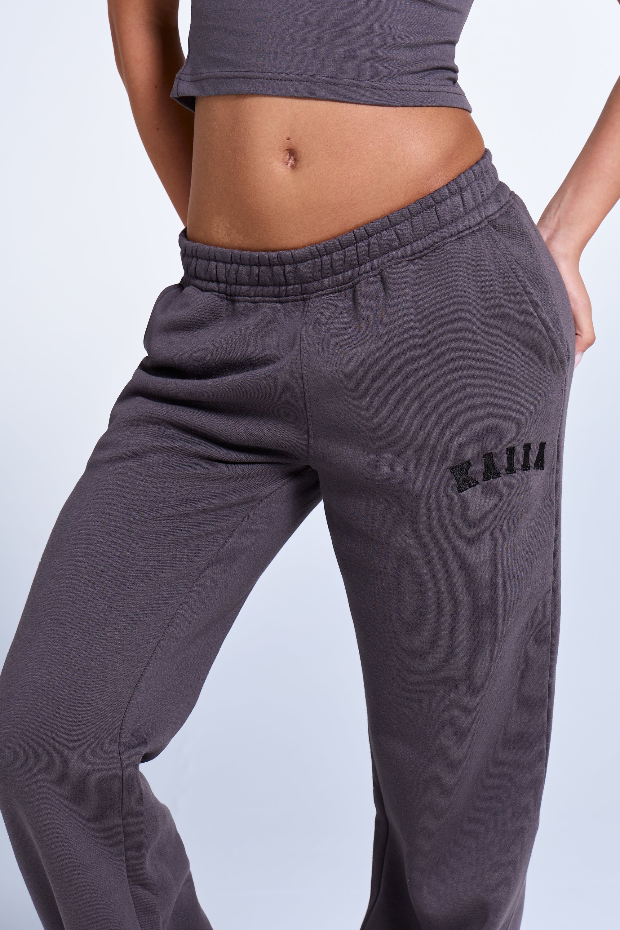 Kaiia Logo Wide Leg Sweat Pants in Dark Grey | Kaiia