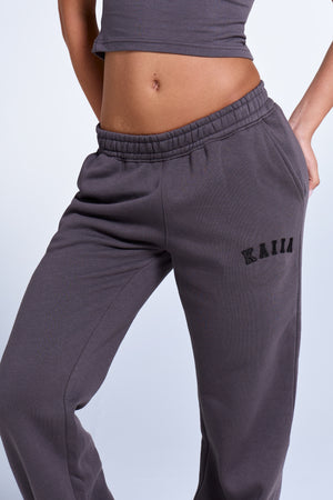 Kaiia Logo Wide Leg Sweat Pants in Dark Grey