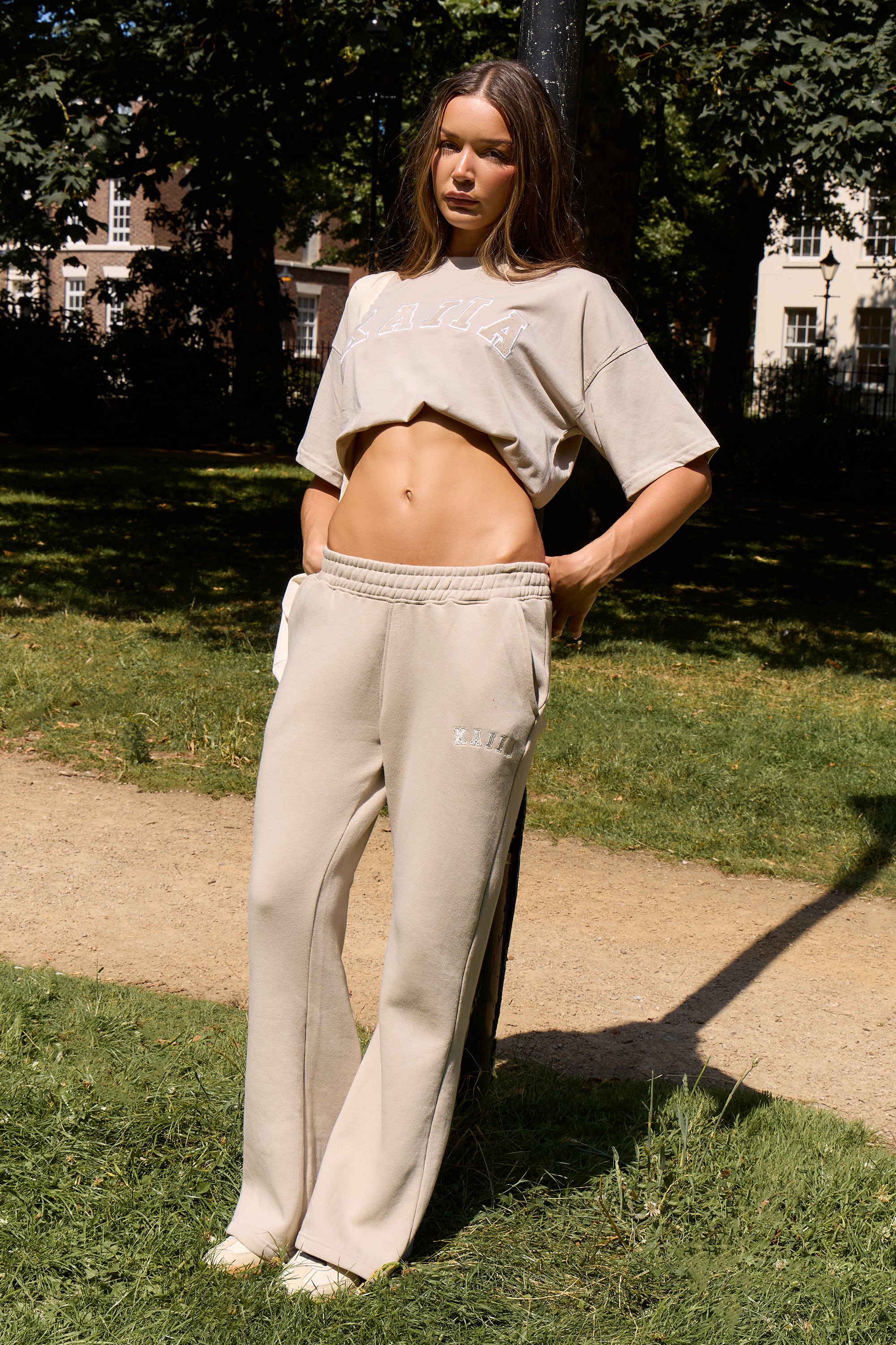 Kaiia Logo Wide Leg Sweat Pants in Stone | Kaiia