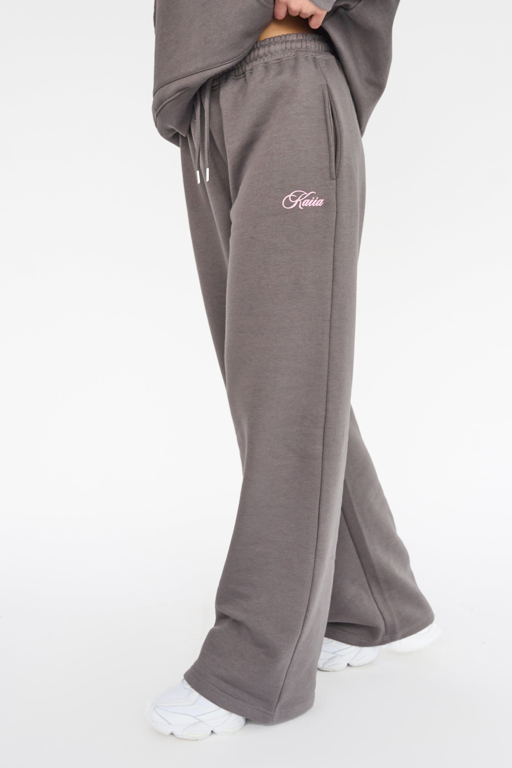 Kaiia the Label Logo Wide Leg Joggers Dark Grey with Pink