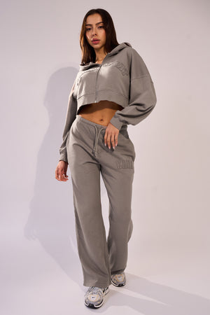 Kaiia Sport Distressed Applique Wide Leg Sweat Pants Mushroom