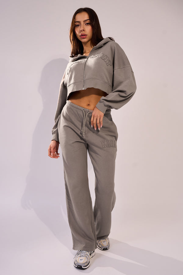 Kaiia Sport Distressed Applique Wide Leg Sweat Pants Mushroom