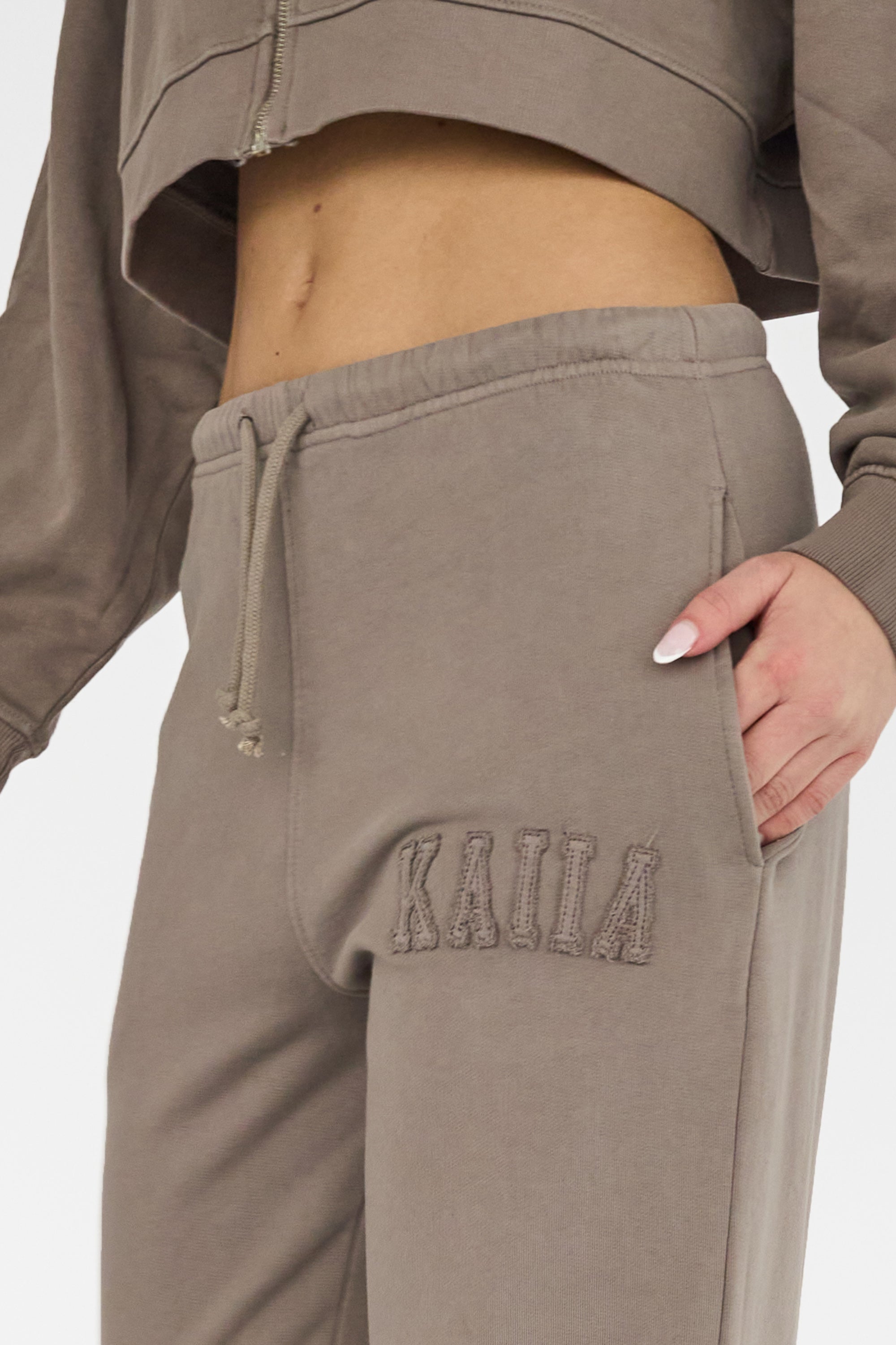 Kaiia Sport Distressed Applique Wide Leg Sweat Pants Mushroom