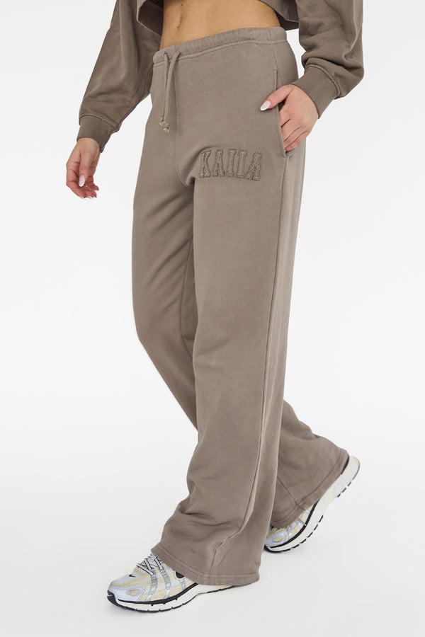 Kaiia Sport Distressed Applique Wide Leg Sweat Pants Mushroom