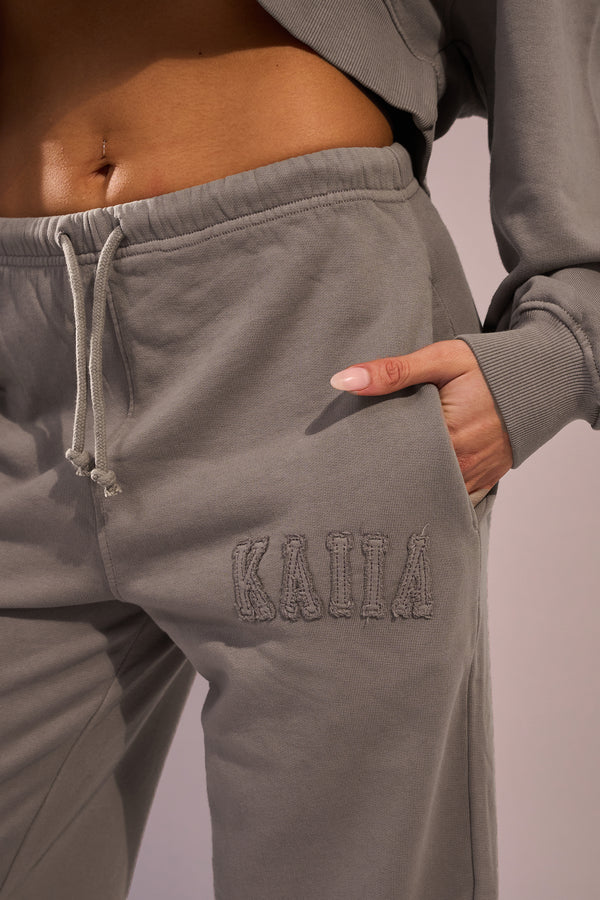 Kaiia Sport Distressed Applique Wide Leg Sweat Pants Mushroom