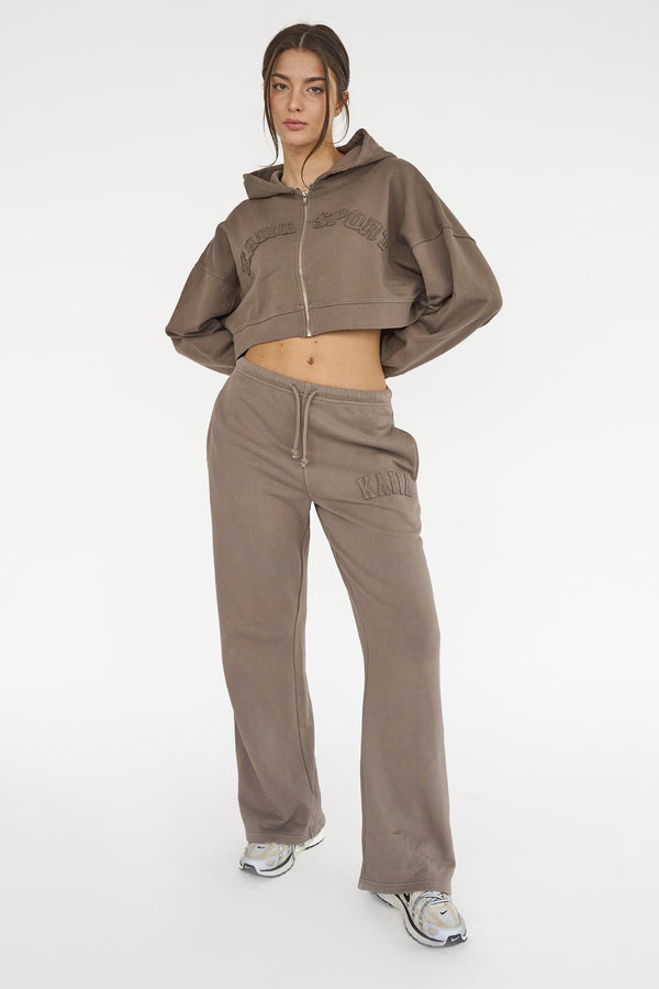 Kaiia Sport Distressed Applique Wide Leg Sweat Pants Mushroom