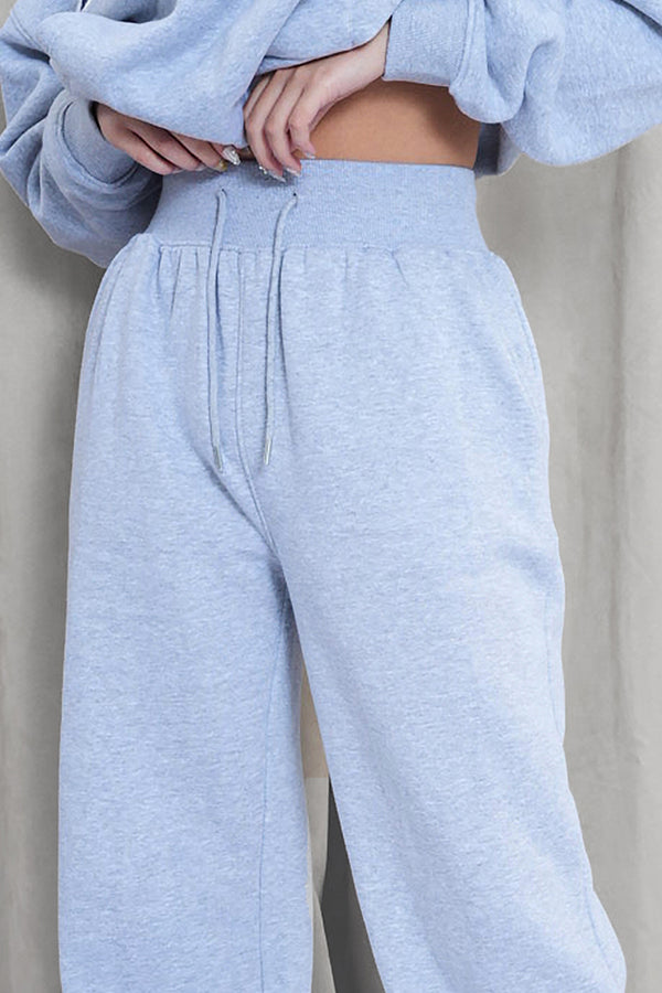 Kaiia Ribbed Waistband Baggy Wide Leg Sweat Pants Grey Marl