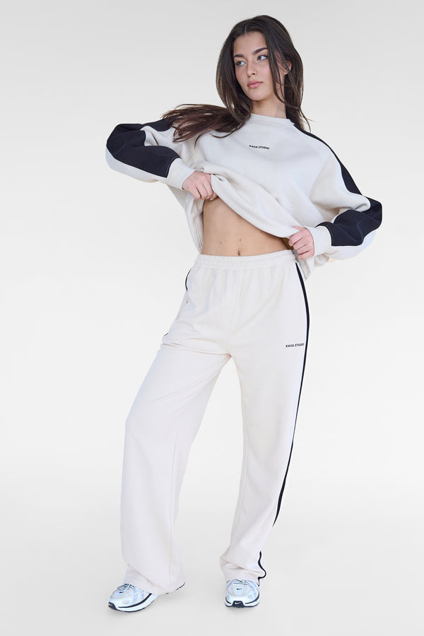Kaiia Studio Contrast Panel Wide Leg Sweat Pants Stone & Black