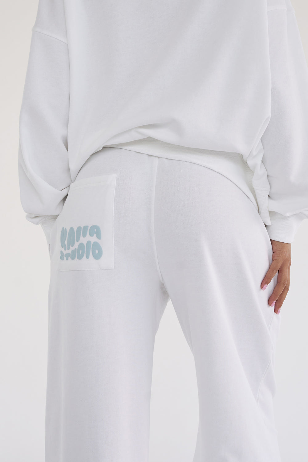 Kaiia Studio Bubble Logo Pocket Wide Leg Sweat Pants White & Blue
