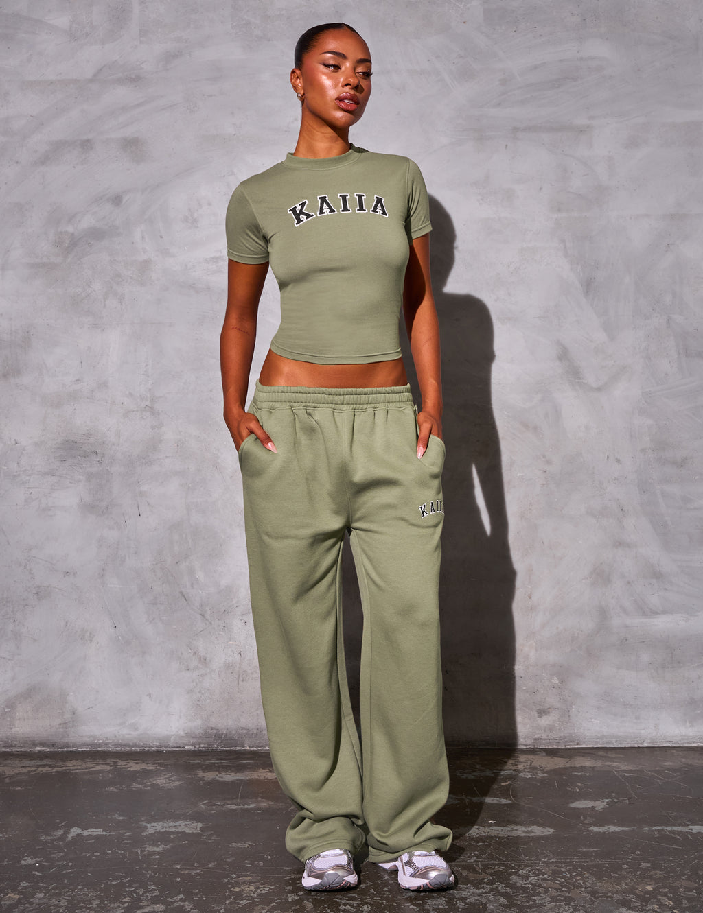 Kaiia Logo Baggy Wide Leg Joggers Khaki Kaiia