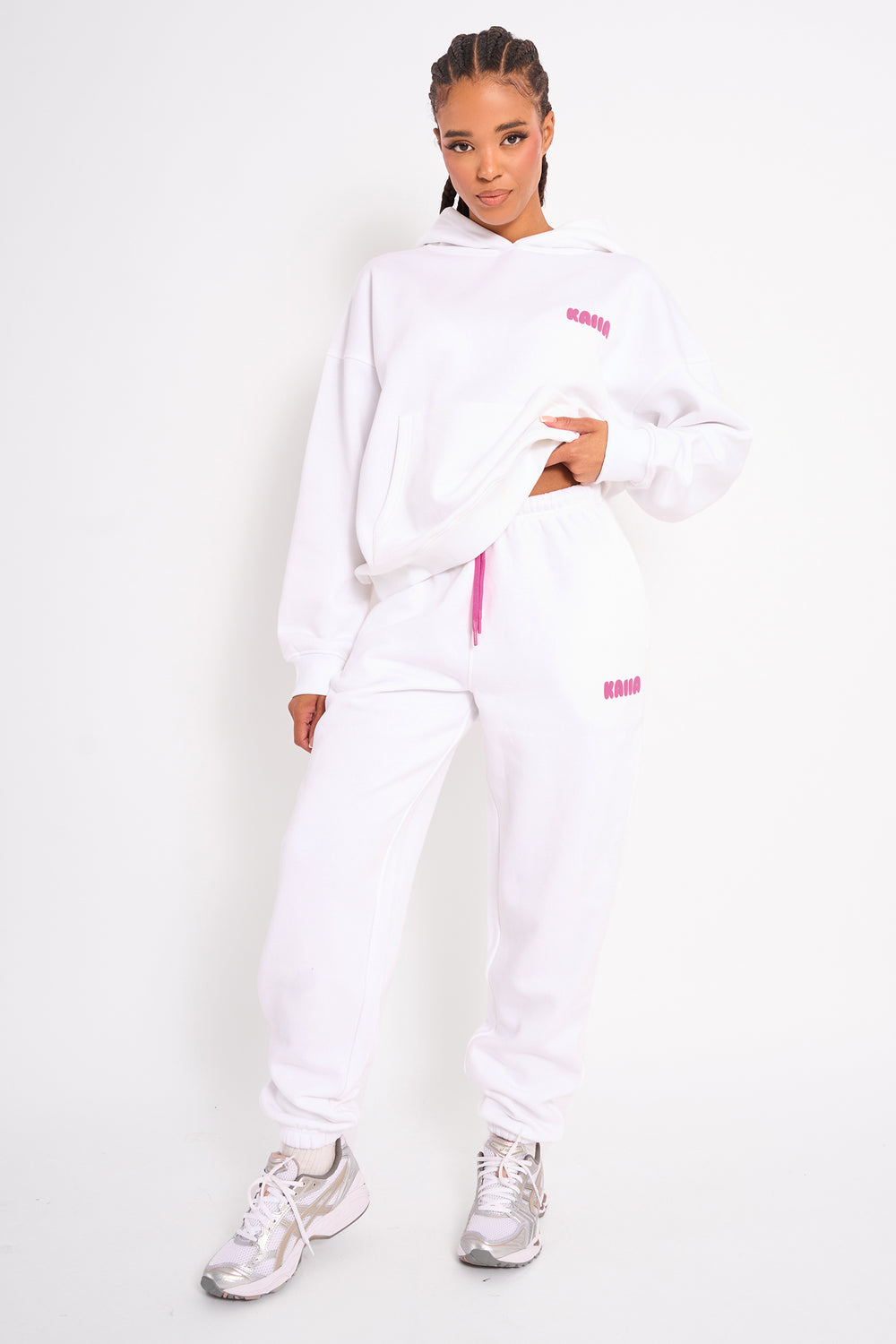 Kaiia Bubble Logo Cuffed Joggers White & Hot Pink