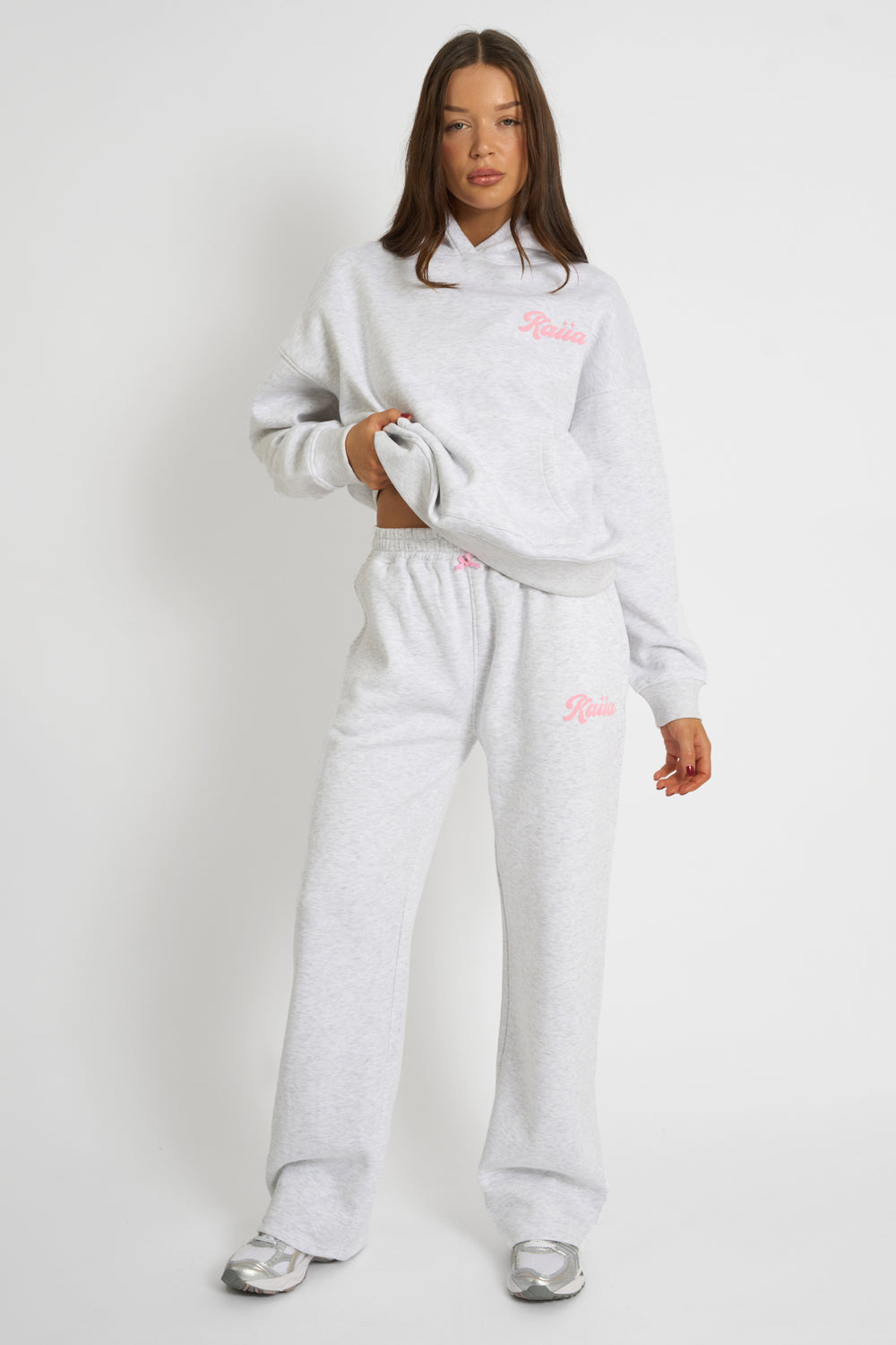 Kaiia Bubble Script Bow Detail Wide Leg Joggers Grey Marl & Pink