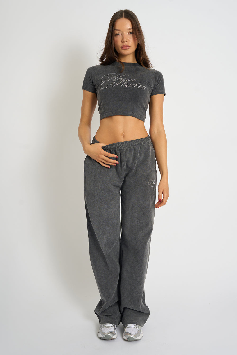 Kaiia Studio Diamante Acid Wash Wide Leg Joggers Dark Grey