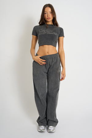 Kaiia Studio Diamante Acid Wash Wide Leg Joggers Dark Grey