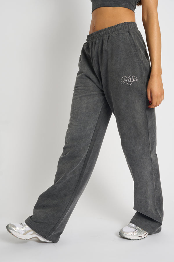 Kaiia Studio Diamante Acid Wash Wide Leg Joggers Dark Grey