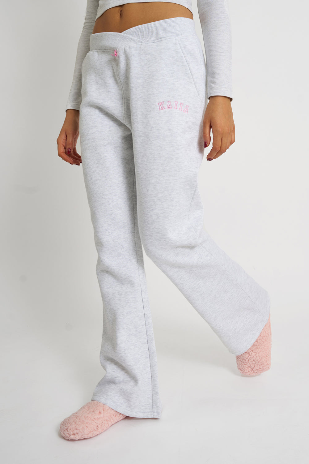 Kaiia Bow Detail Cross Over Waistband Joggers Light Grey Marl