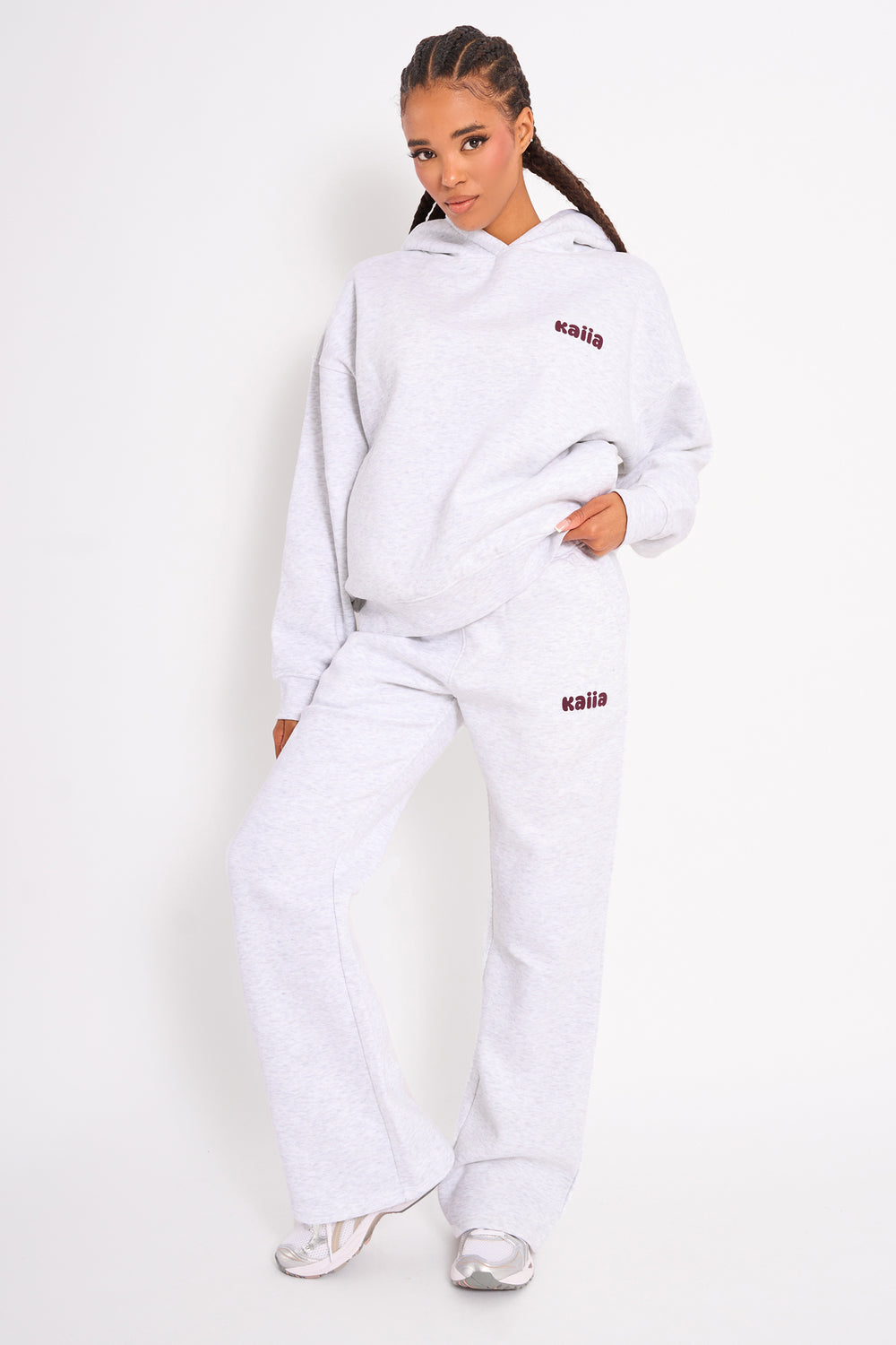 Kaiia Wide Leg Joggers Light Grey Marl & Plum