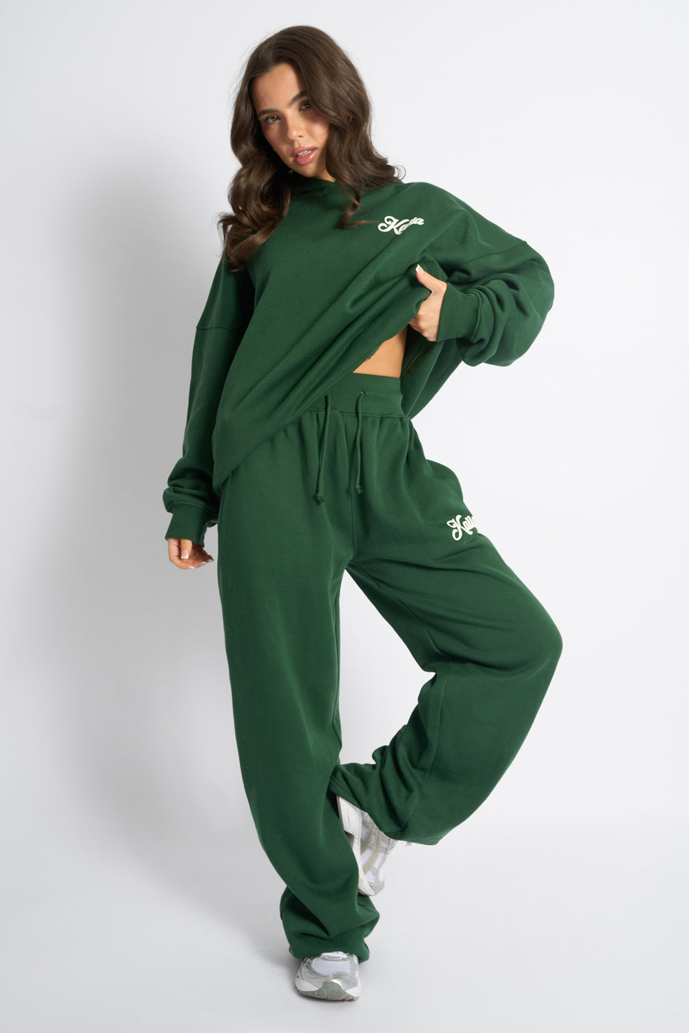 Kaiia Snowflake Logo Ribbed Waistband Wide Leg Joggers Forest Green