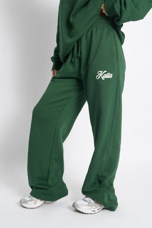 Kaiia Snowflake Logo Ribbed Waistband Wide Leg Joggers Forest Green