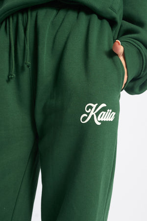 Kaiia Snowflake Logo Ribbed Waistband Wide Leg Joggers Forest Green